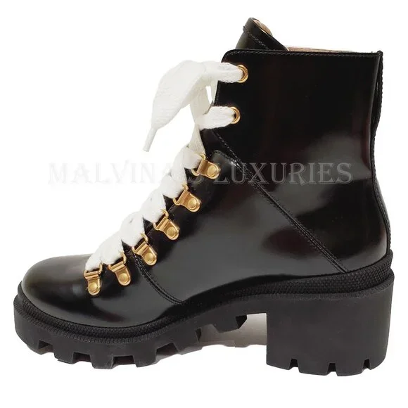 GUCCI BOOTS LACE-UP BLACK LEATHER ANKLE BOOTIE RUBBER LUG SOLE sz 37.5 / 7.5
